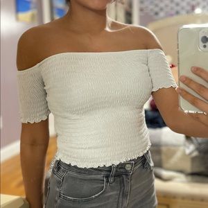 White ruffled off the shoulder top